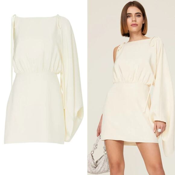 Alexis Wesley Dress One Shoulder Cape Sleeve Mini Blouson 100% Silk Cream Medium - Picture 1 of 10